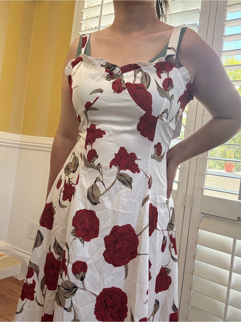 White Floral Midi Dress with Red Rose Print